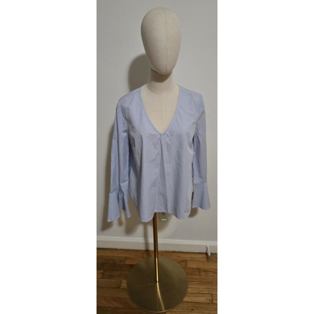 Women's SMALL Flare Sleeve V-Neck Blouse Top Shirt Blue & White Pin Stripes EUC - Picture 2 of 16